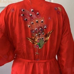 Golden‎ Bee Vintage Embroidered Robe Tie Waist Chinese Kimono Red peacock M
